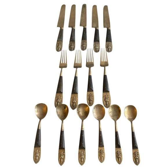 Vintage Rare SIAM Brass Thailand Buddha Flatware Serving Set Thailand 15 Pieces - Picture 1 of 5